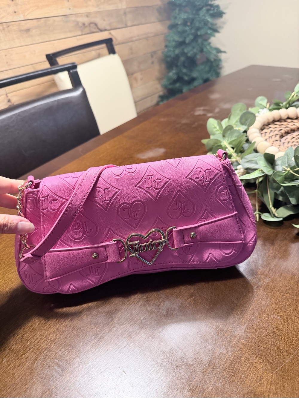 Juicy Couture Pink Embossed Heart Monogram Crossbody with Gold Heart Logo